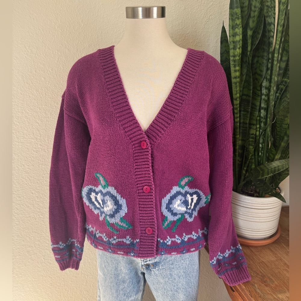 Vintage Chunky Floral‎ sweater Knit Ramie Cotton Small 90s